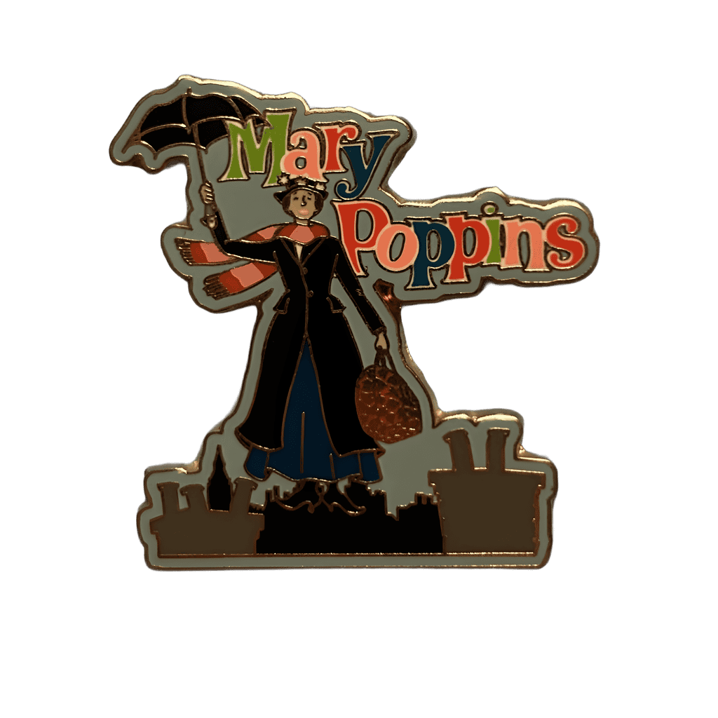 Mary Poppins floating above roofs Disney pin
