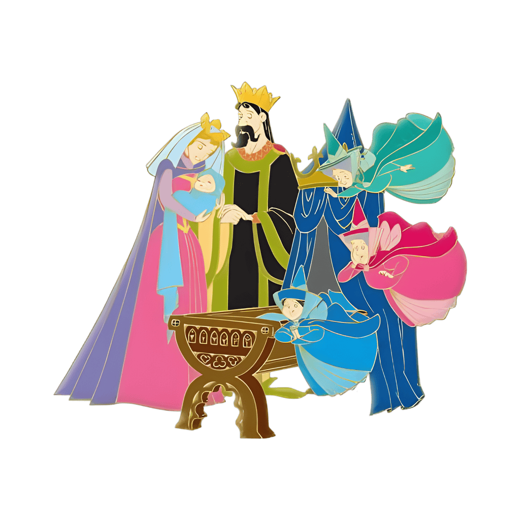 The King, Queen, and Baby Aurora with the Good Fairies Disney pin