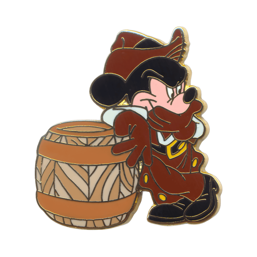 Cowboy Mickey leaning on a Barrel Disney pin