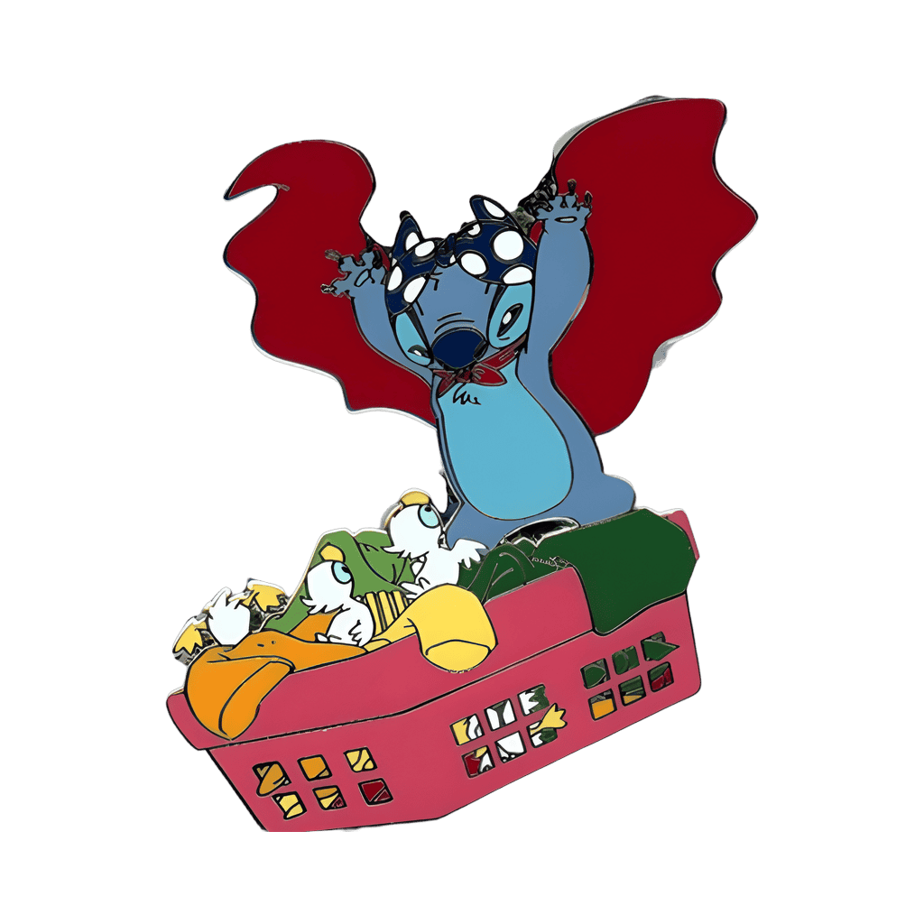 Stitch with cape in laundry basket Disney pin