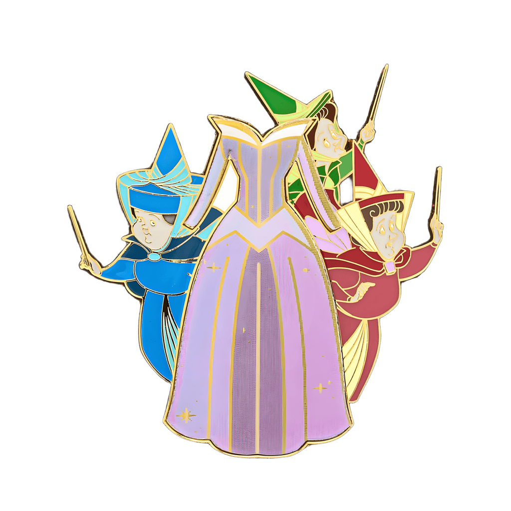 Flora, Fauna, and Merryweather and Aurora's lenticular dress Disney pin