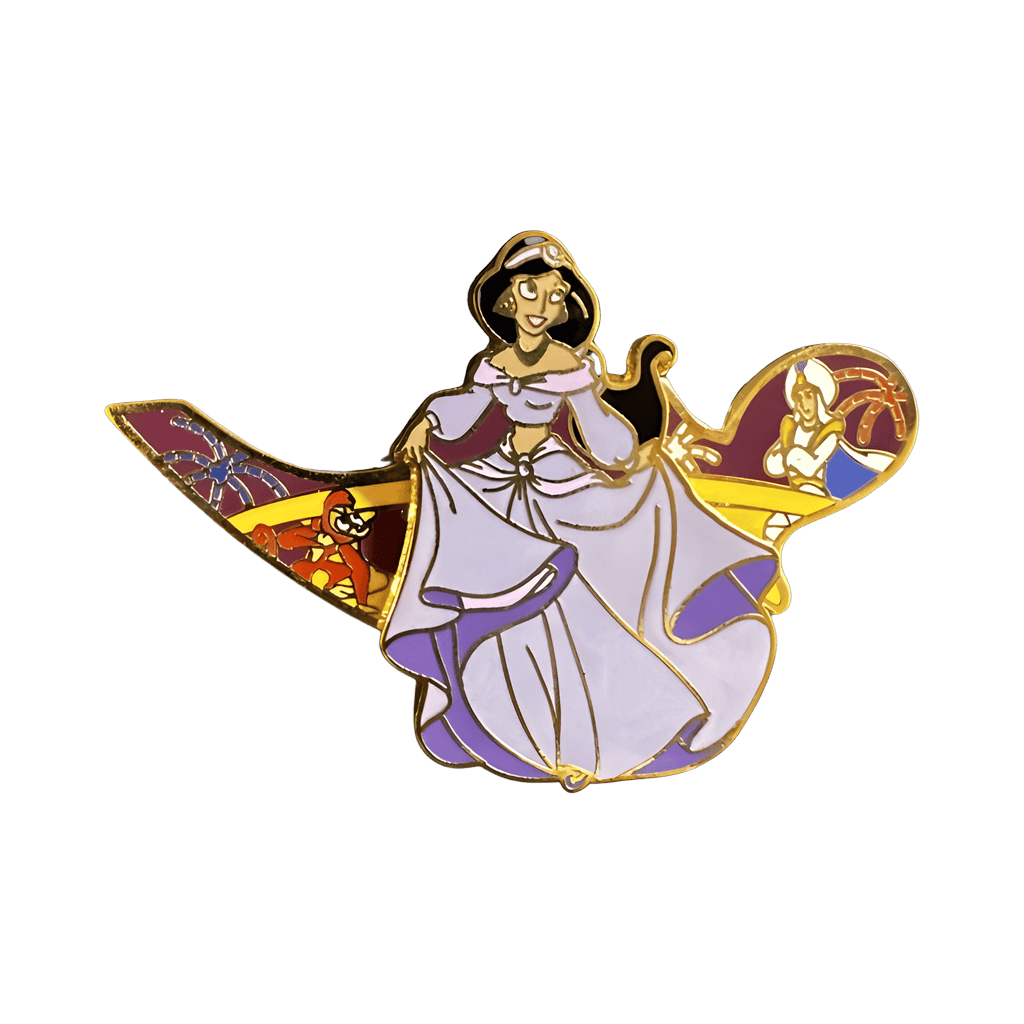 Jasmine in front of a lamp with abu and Aladdin behind Disney pin