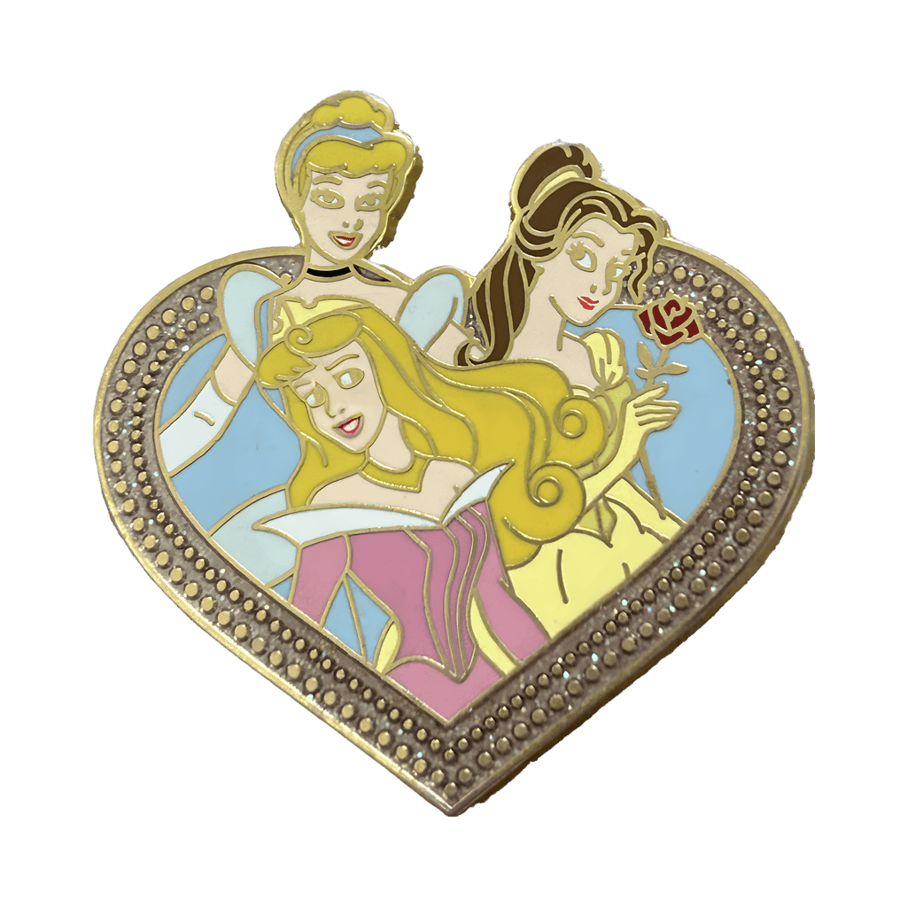 Aurora, Cinderella, and Belle in a heart Disney pin