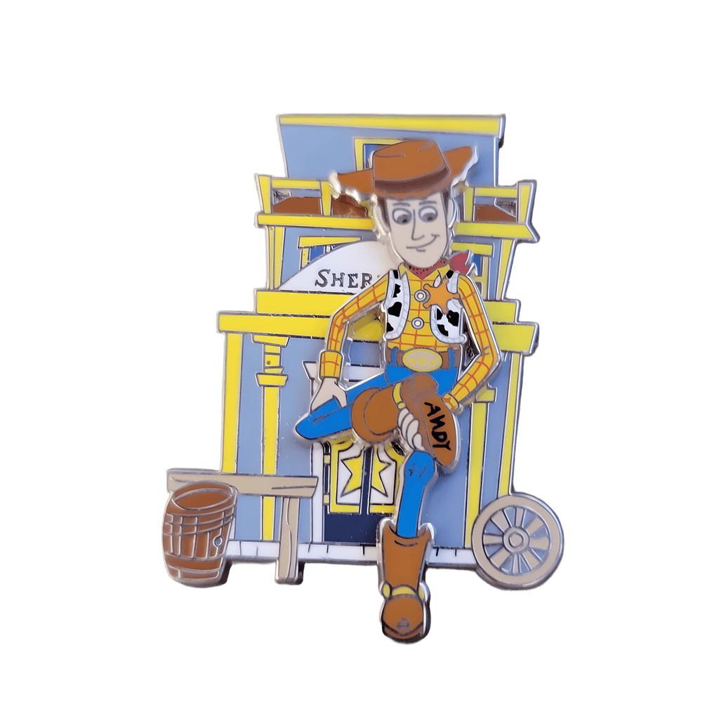 Woody with Andy's name on foot Disney pin