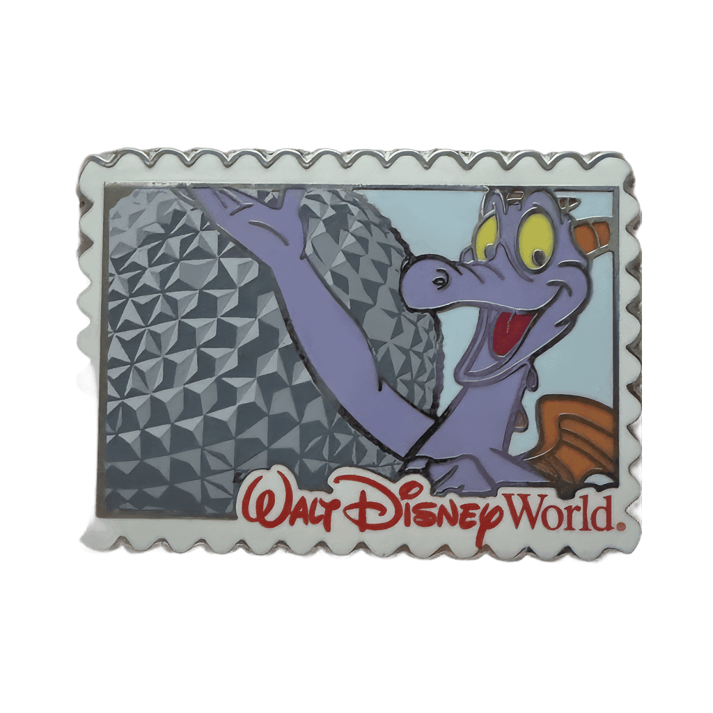 Figment in front of Spaceship Earth Disney pin