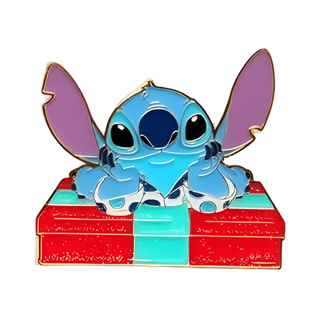 Stitch laying on a present Disney pin