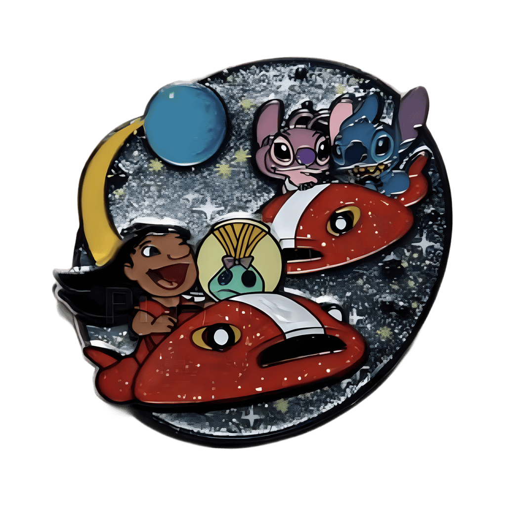 Stitch, Angel, Lilo and Scrump in space cruisers Disney pin