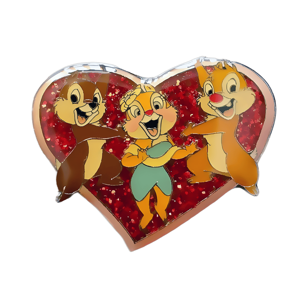 Chip, Dale and Clarice on a Red Sparkle Heart Disney pin