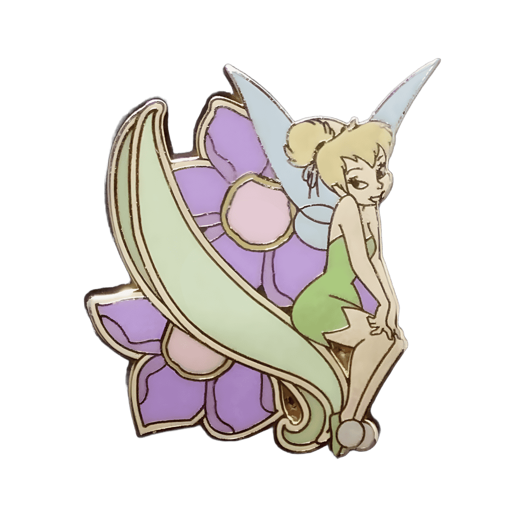 Tinker Bell sitting on leaf in front of Violet Flowers Disney pin