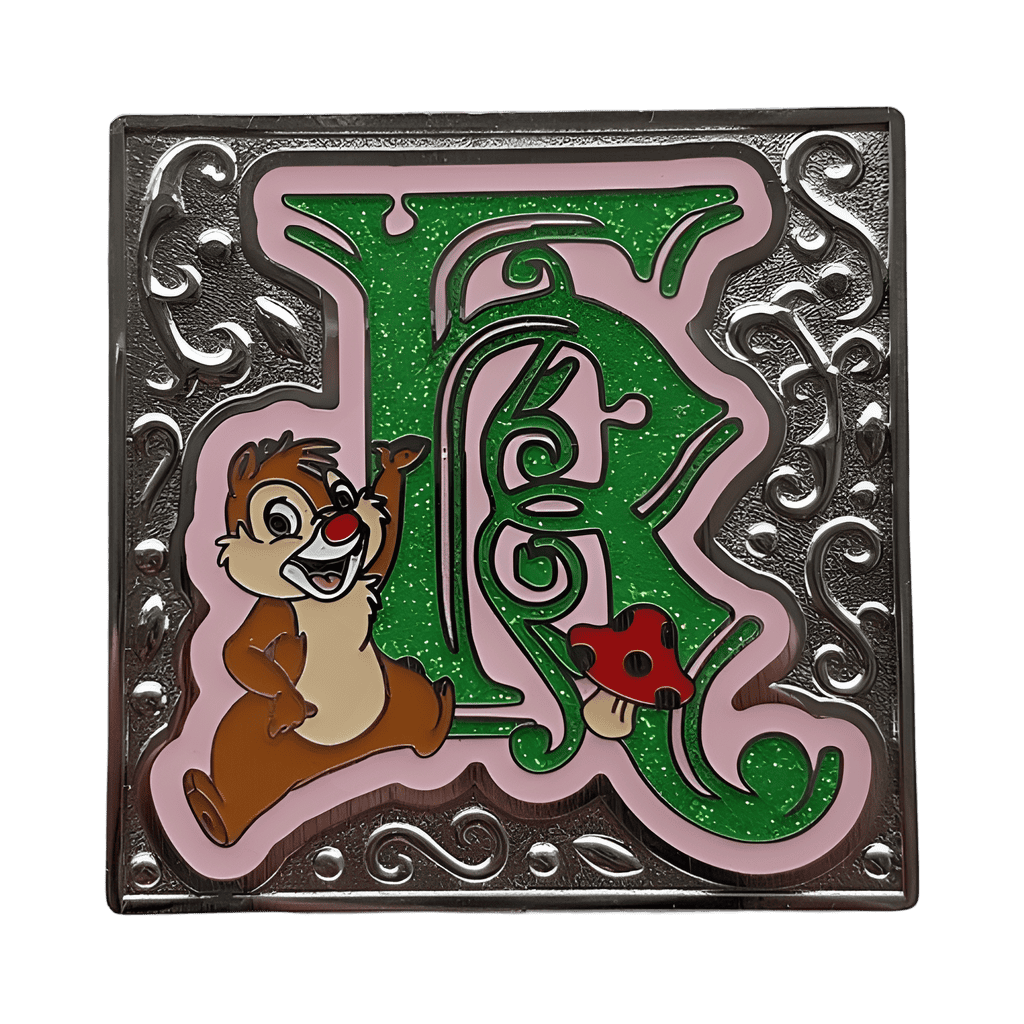 Dale (Green Glitter and Pink Filigree Letter E) Disney pin