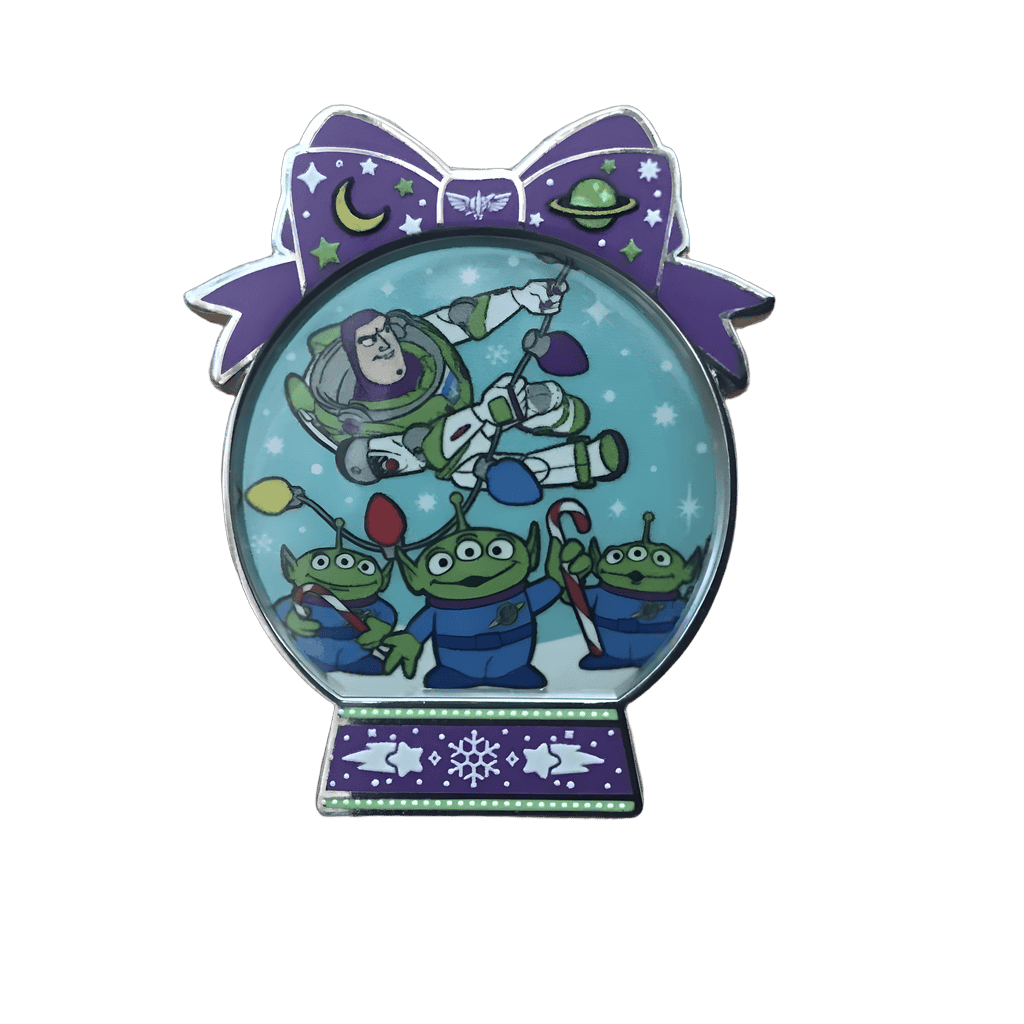Buzz Lightyear hanging from Christmas Lights above 3 Little Green Men Disney pin