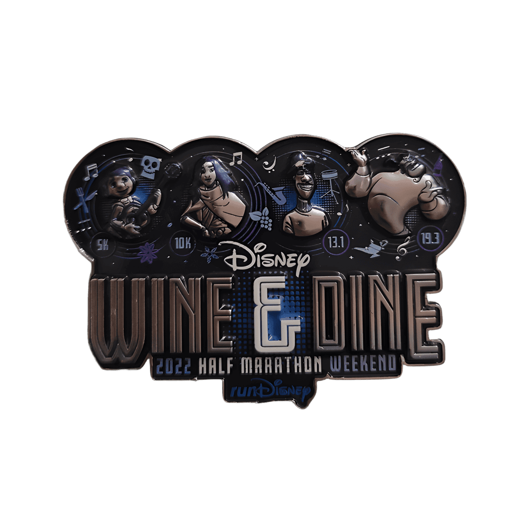 2022 Wine and Dine logo, mini-jumbo: Miguel, Raya, Joe Gardner, and Genie. Disney pin