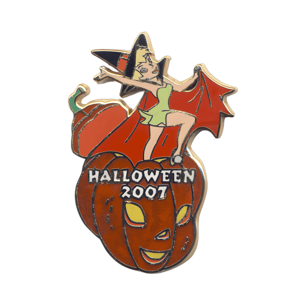 Tinker Bell Wearing a Witch's Hat and Cape Coming out of a Pumpkin Disney pin