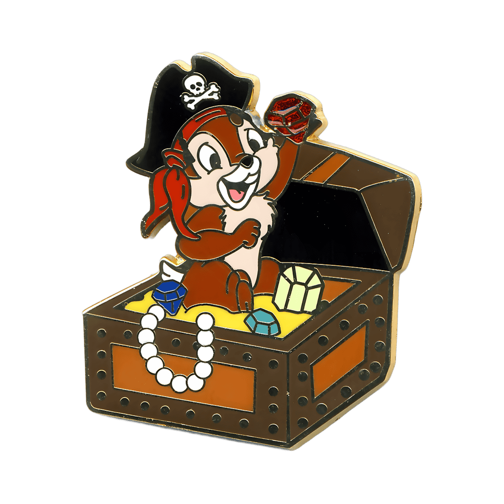 Chip sitting in a Treasure Chest Disney pin