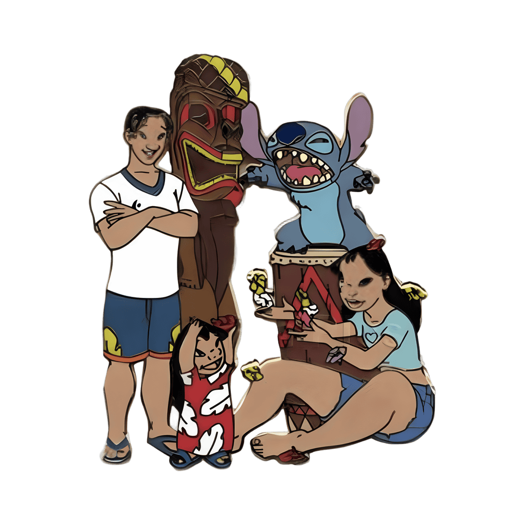 Lilo, Stitch, David and Nani with tiki poles Disney pin