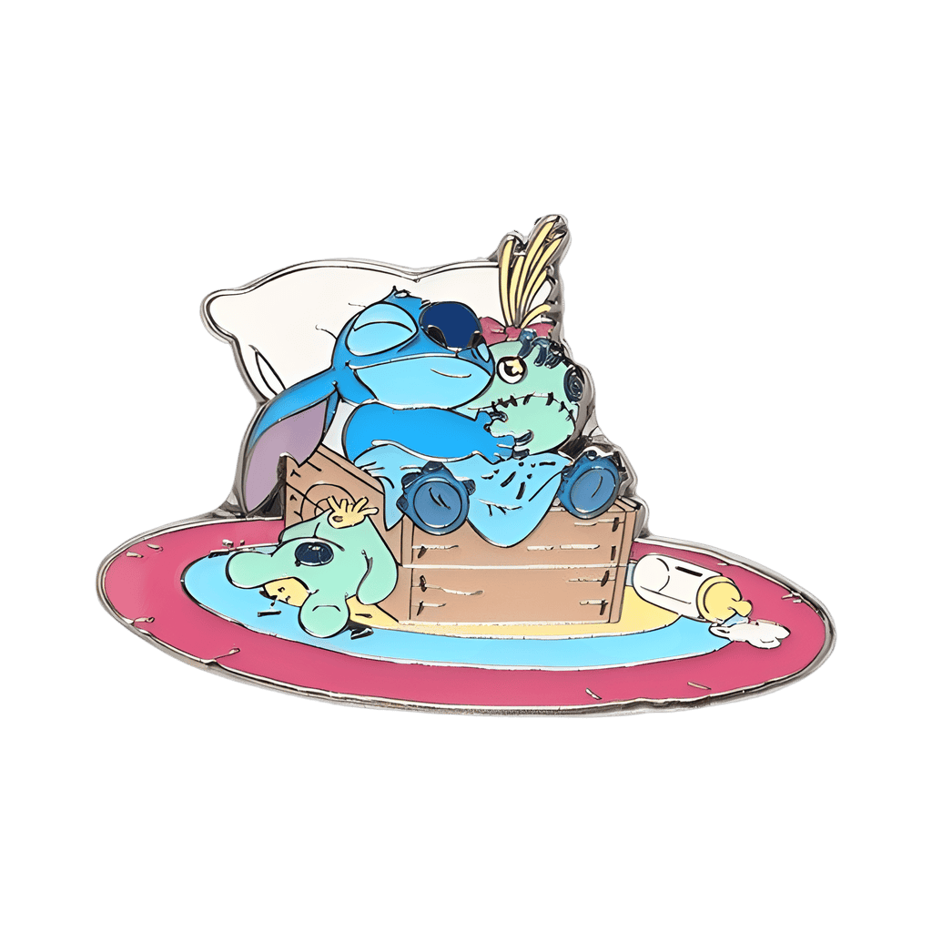 Stitch and Scrump sleeping in pine box Disney pin