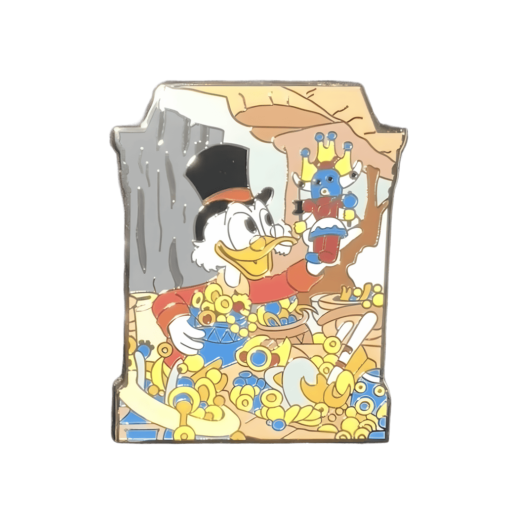 Scrooge McDuck admiring his Treasures Disney pin