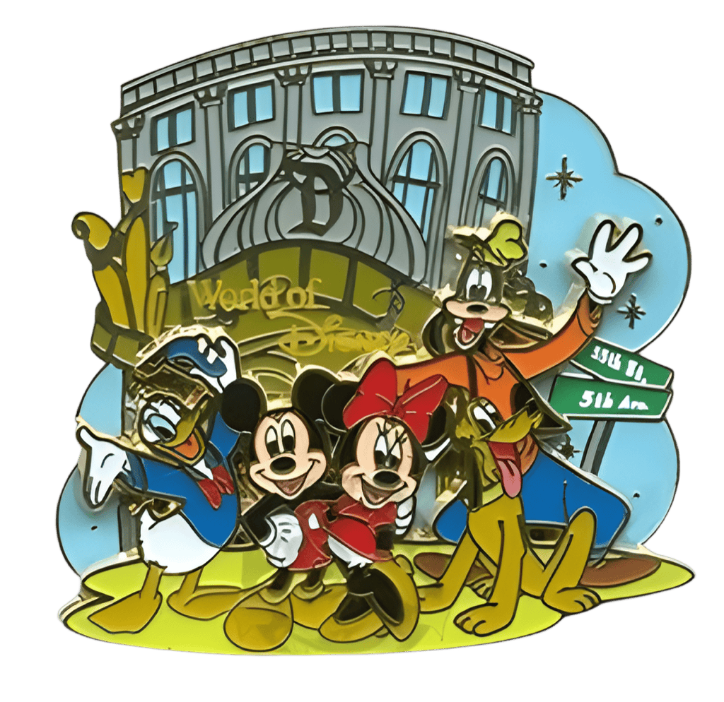 Mickey, Minnie, Donald, Goofy Pluto in front of the WOD NYC Disney pin