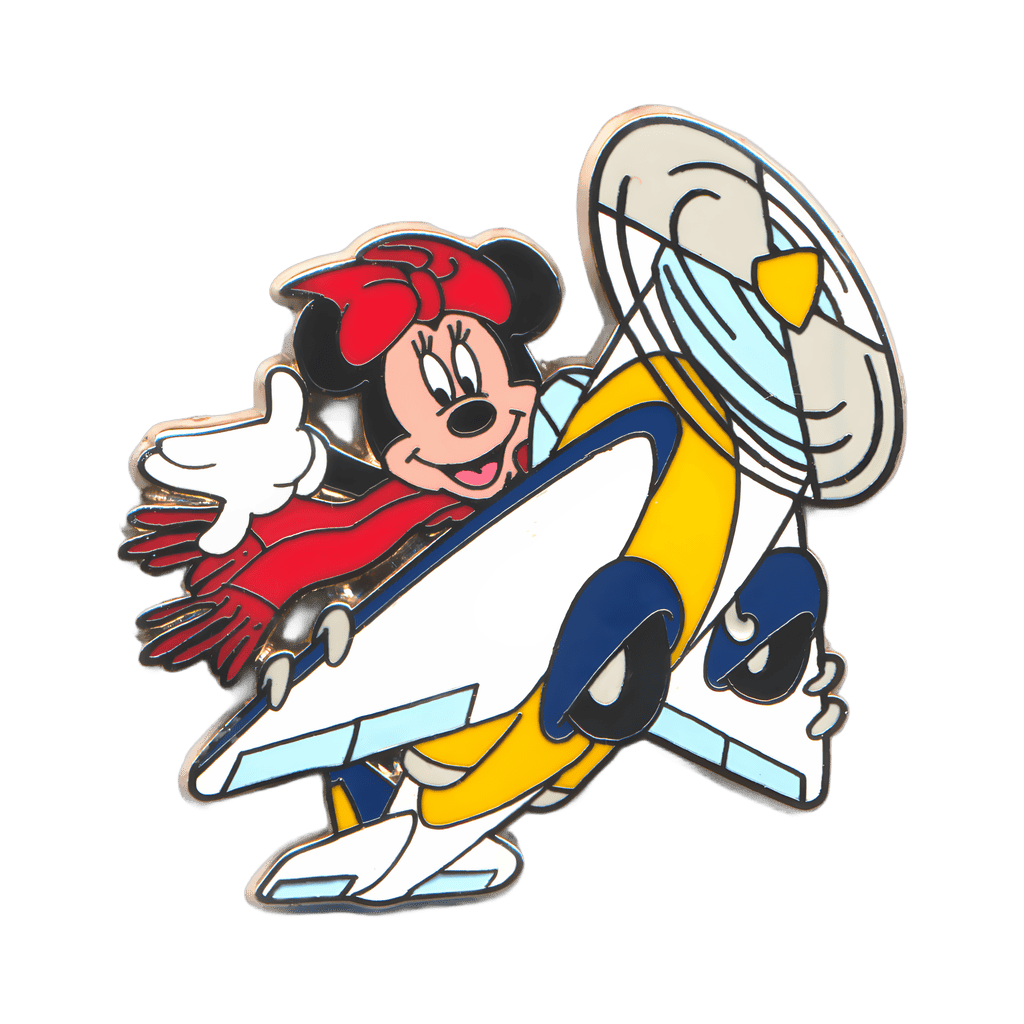 Minnie flying a white, blue & yellow plane Disney pin
