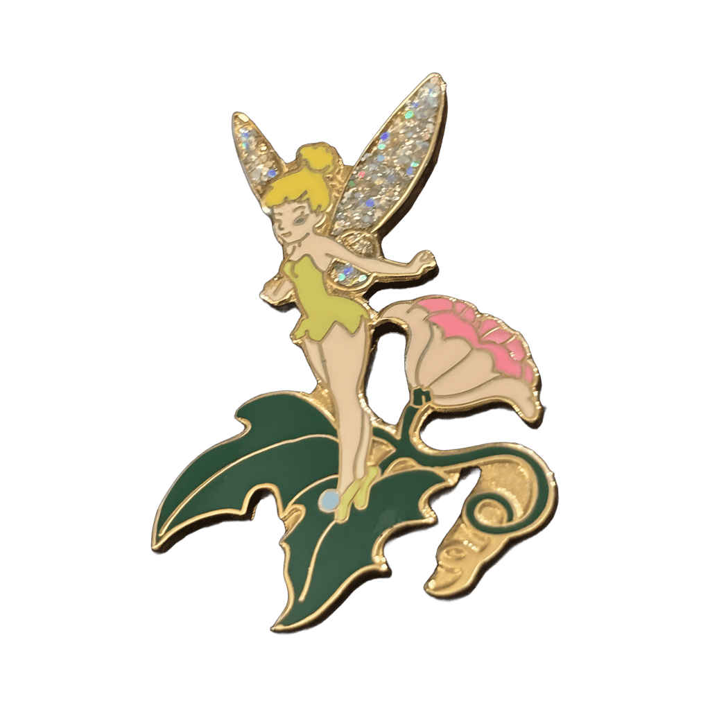 Tinker Bell standing on a pink flower Disney pin