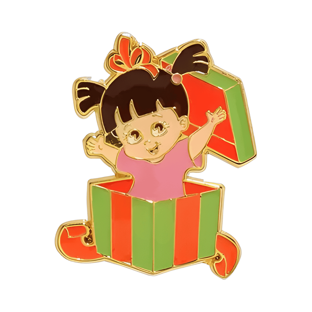 Boo coming out of Christmas present Disney pin
