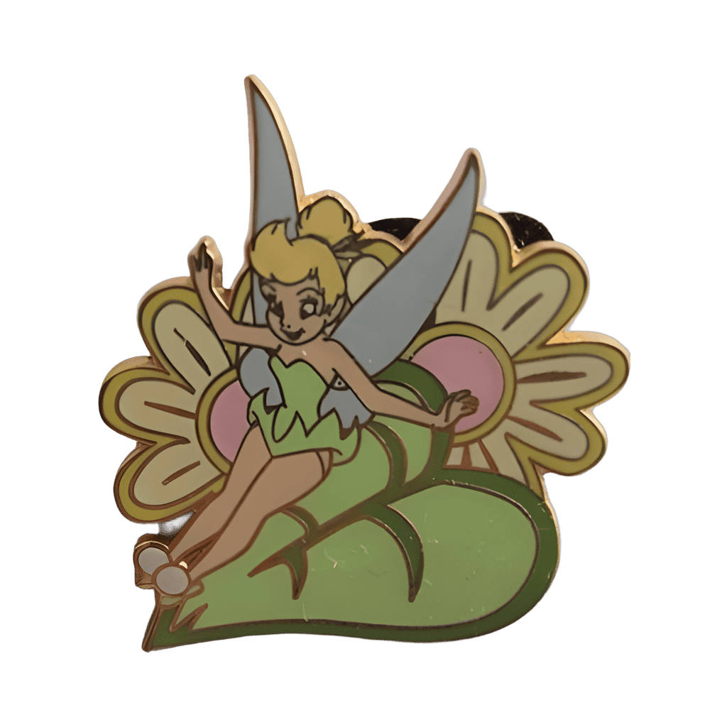 Tinker Bell Sliding down leaf Yellow and Pink flowers Disney pin