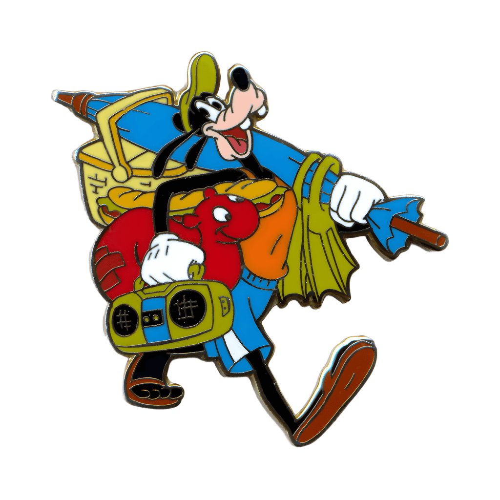 Goofy Carrrying a Beach Umbrella, a Boom Box, a Picnic Basket, Swim Fins, etc. Disney pin