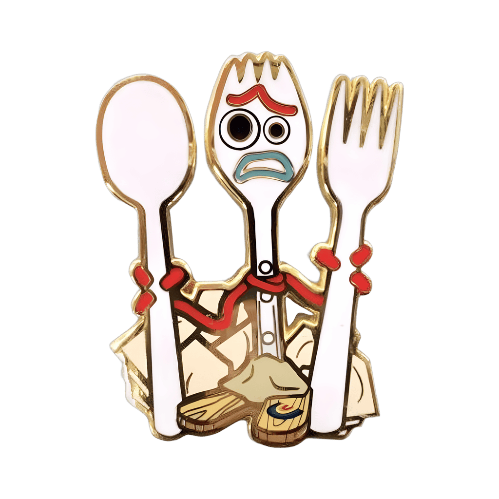Forky holding a Fork and Spoon Disney pin