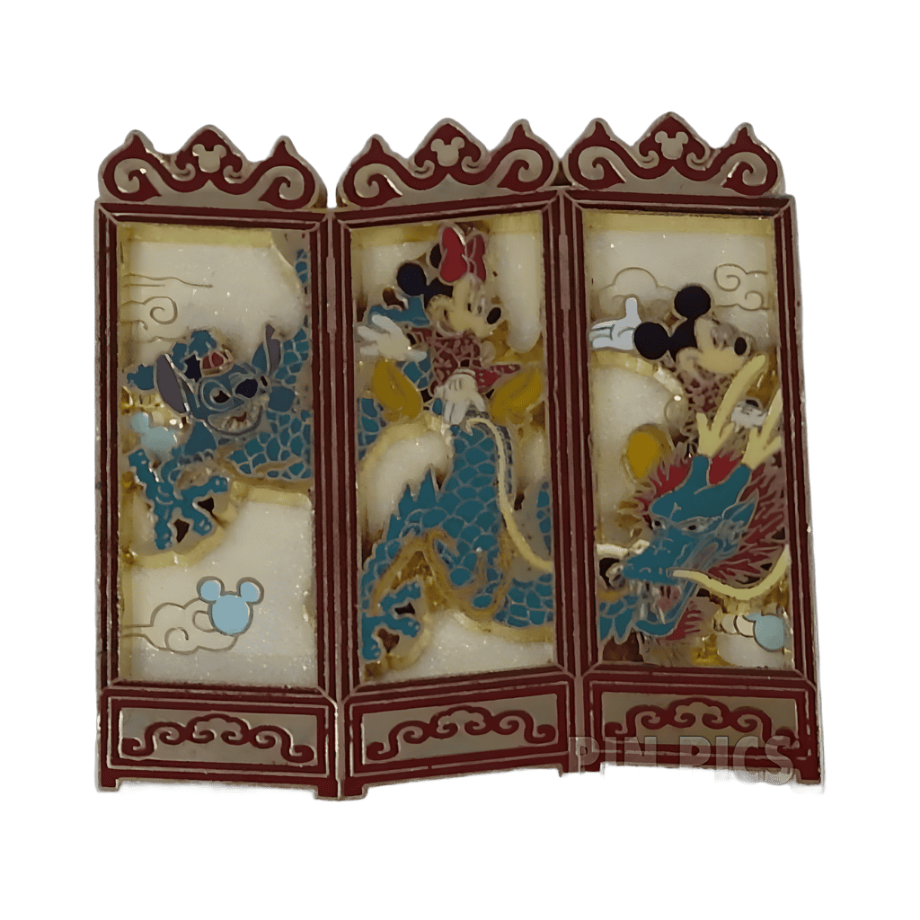Mickey Minnie and Stitch Riding a Dragon on a Folding Screen Disney pin