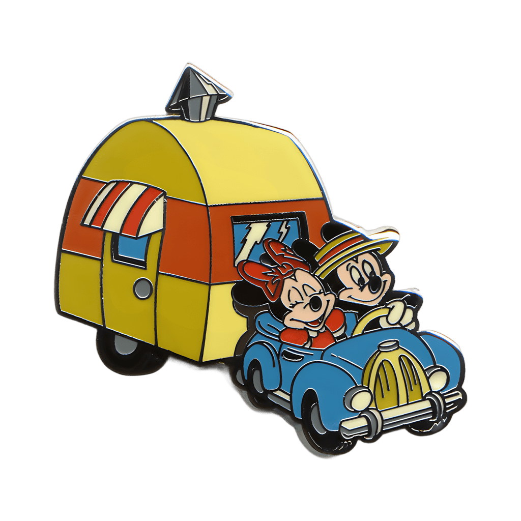 Mickey & Minnie Mouse in a Blue Car Pulling a Trailer Disney pin