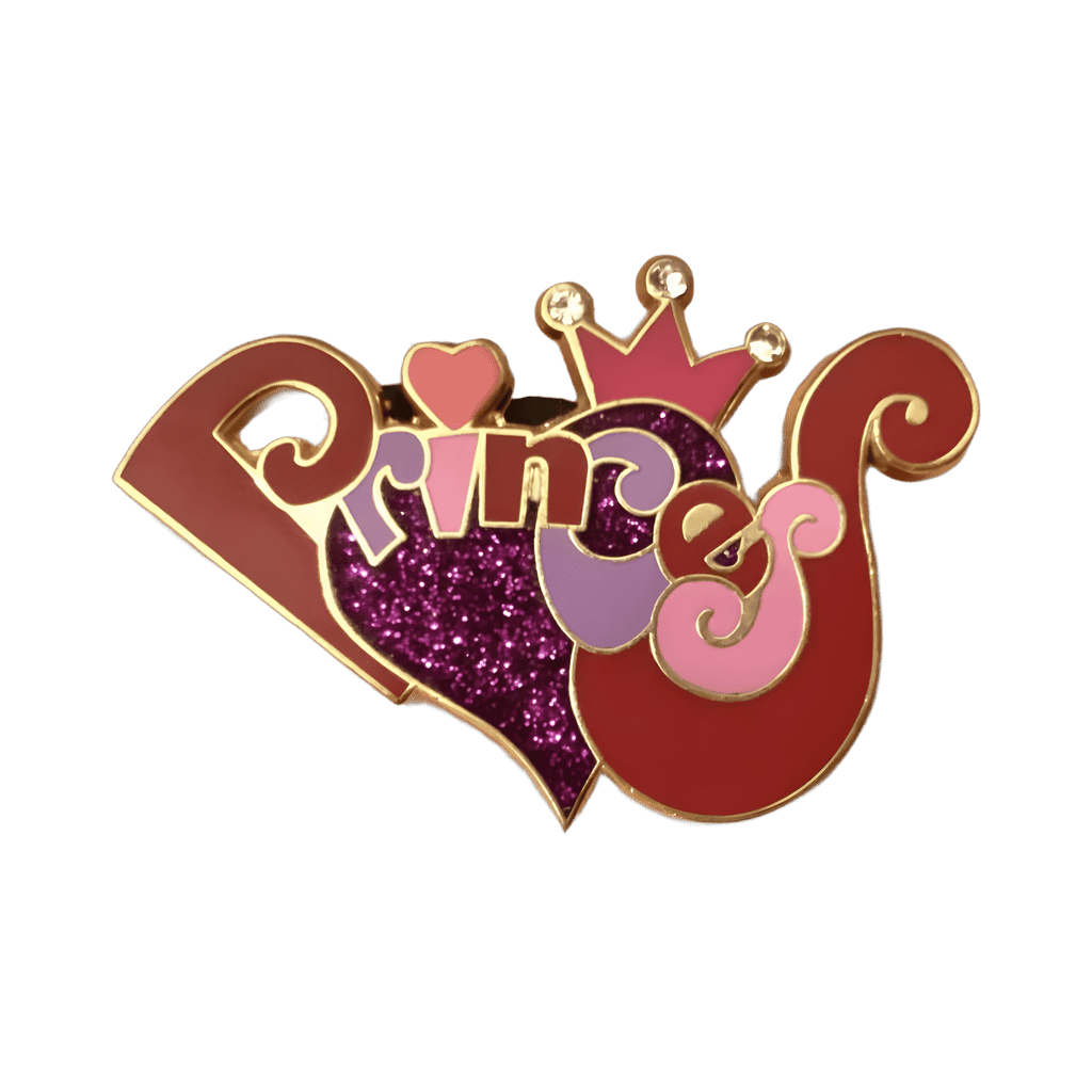 Princess is pink and purple script. Glitter and gems Disney pin