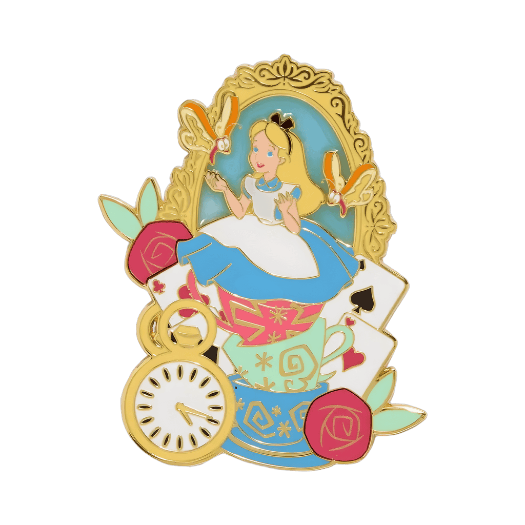 Alice Portrait in Teacups with Butter Flies, Pocket Watch, Cards, and Roses Disney pin