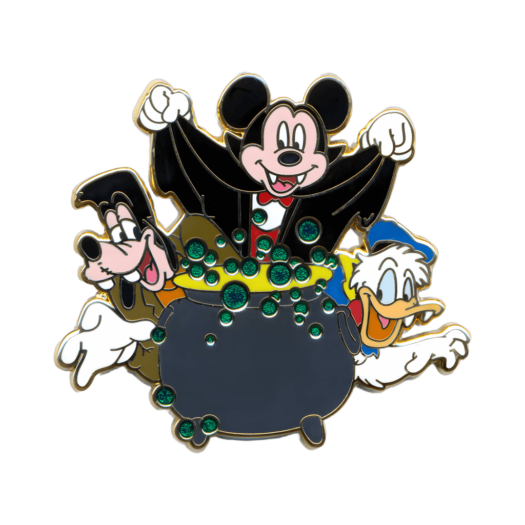 Vampire Mickey, Frankenstien Goofy and Werewolf Donald behind a Cauldron Disney pin
