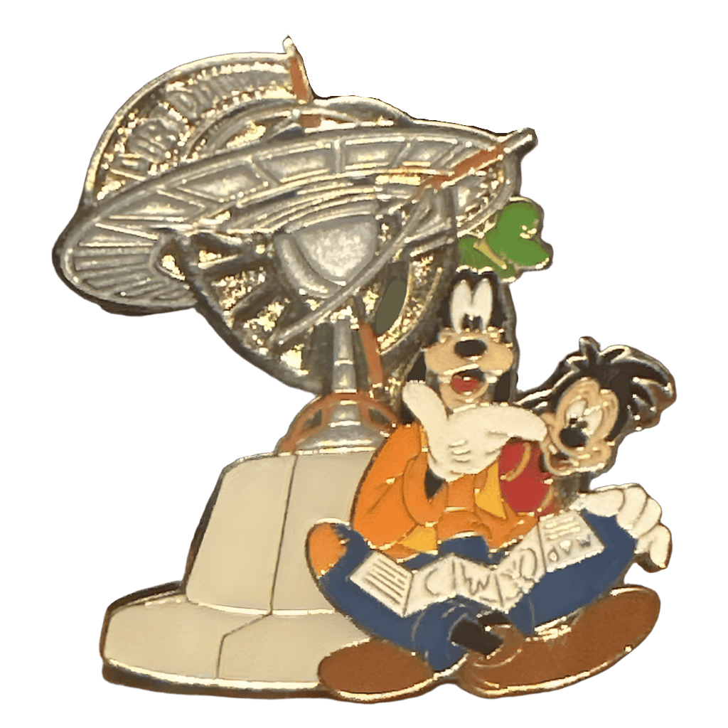 Goofy and Max sitting in front of Port Discovery Disney pin