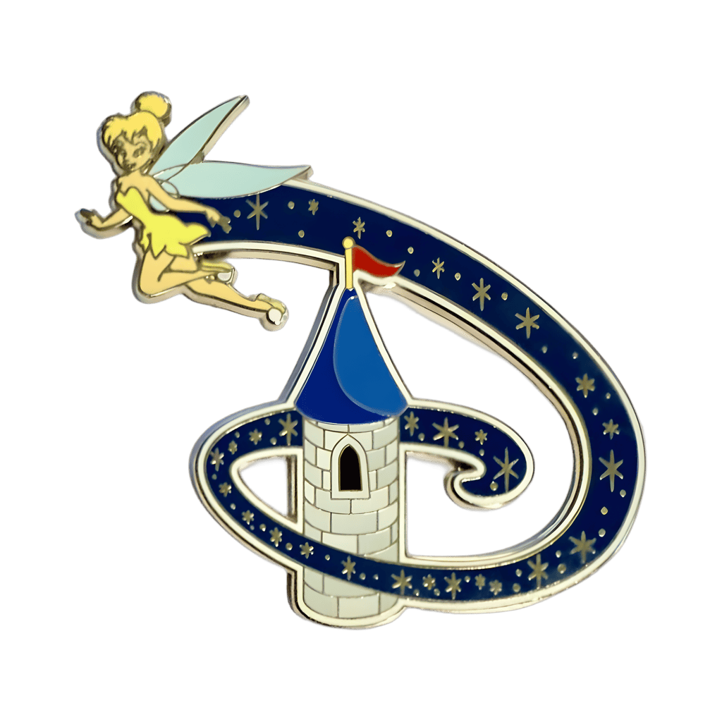 Tinker Bell flying over Cinderella Castle featuring the WDW "D" Disney pin