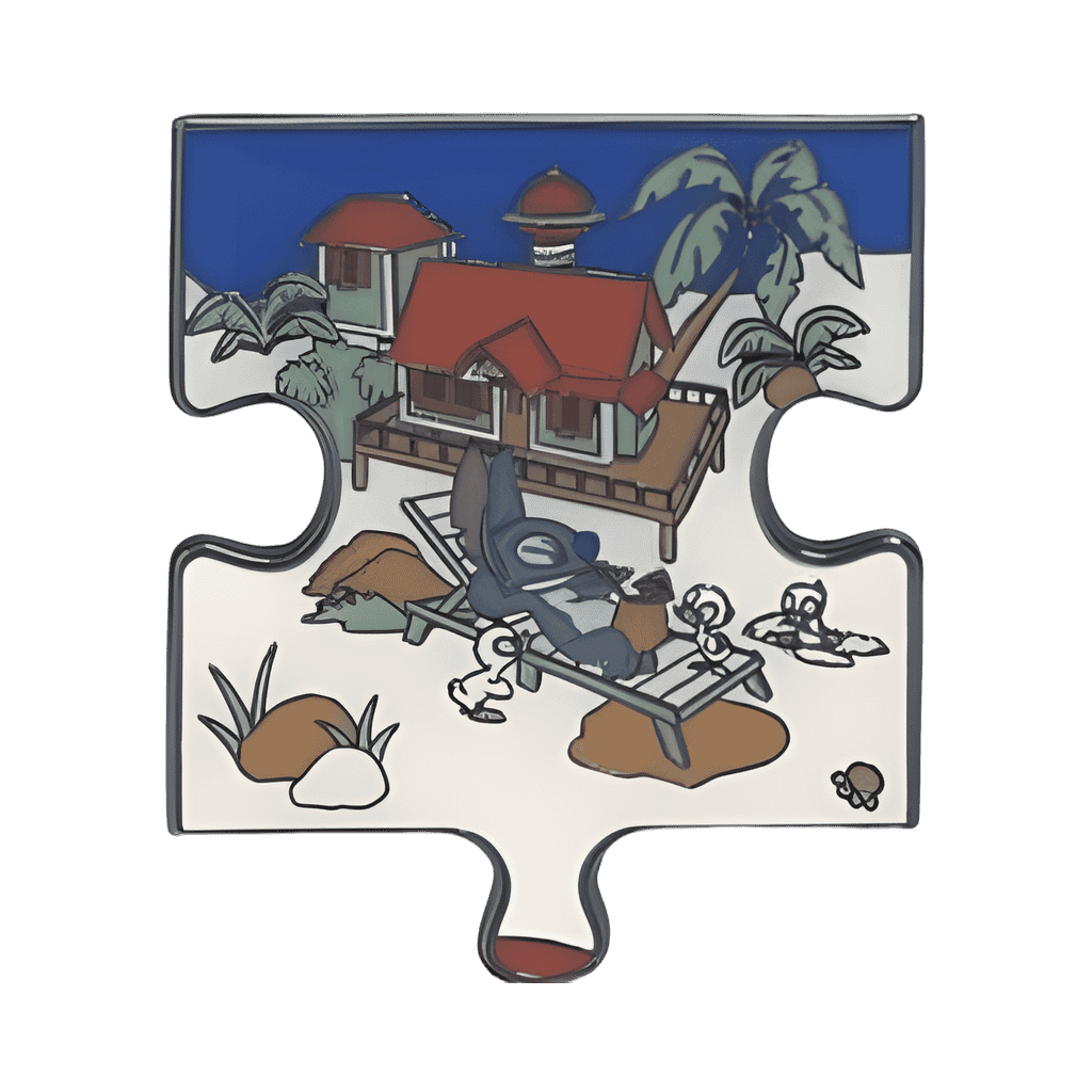 Stitch laying on a chaise lounger with 3 ducklings around him piece Disney pin