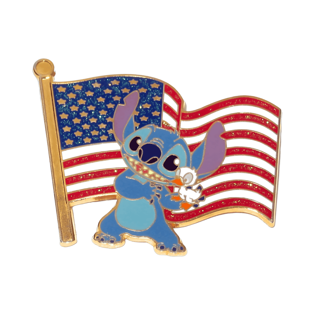 Stitch with flag holding duckling Disney pin