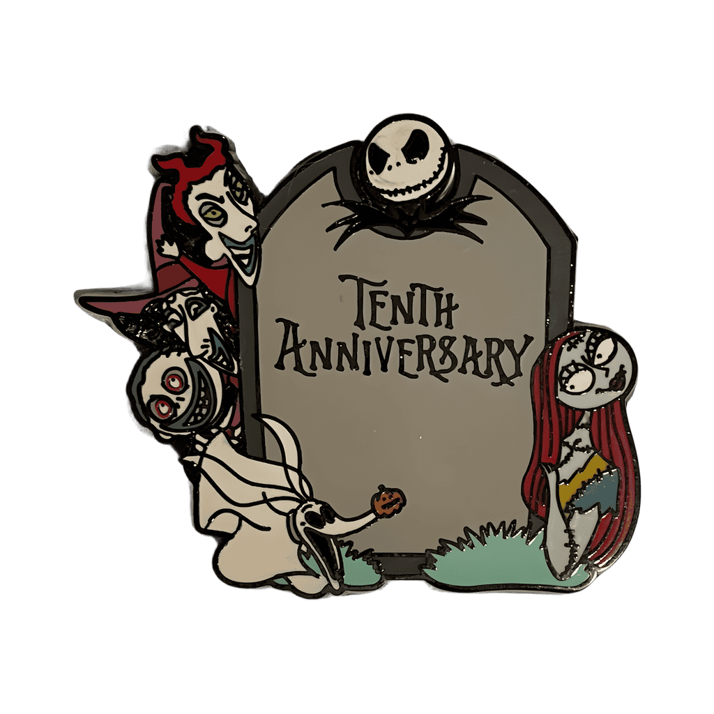 Sally, Zero, Lock Shock and Barrel behind a Tombstone with Jack's Head on it. Disney pin