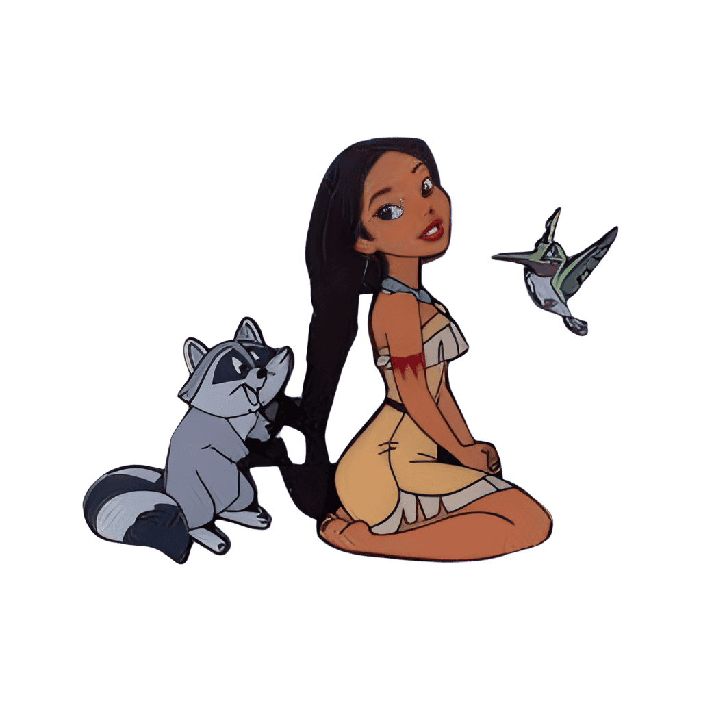Meeko braiding Pocahontas's hair and Flit Disney pin