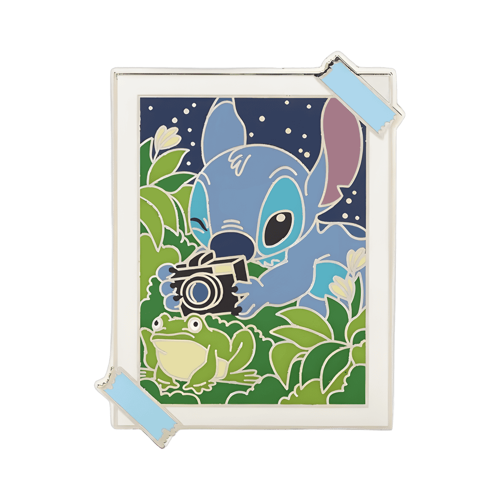 Stitch taking a photo of a frog Disney pin
