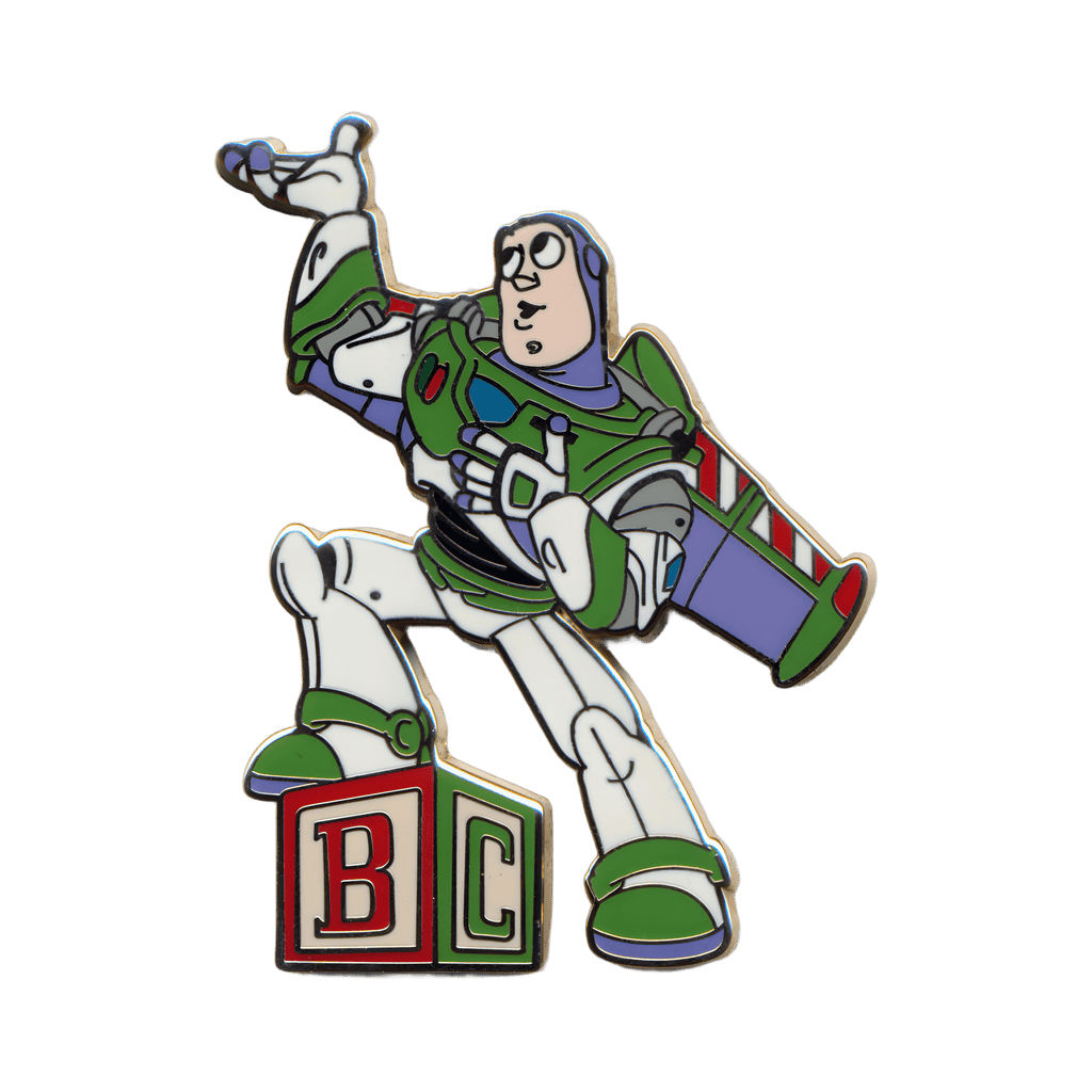 Buzz Lightyear with one foot on an Alphabet Block Disney pin