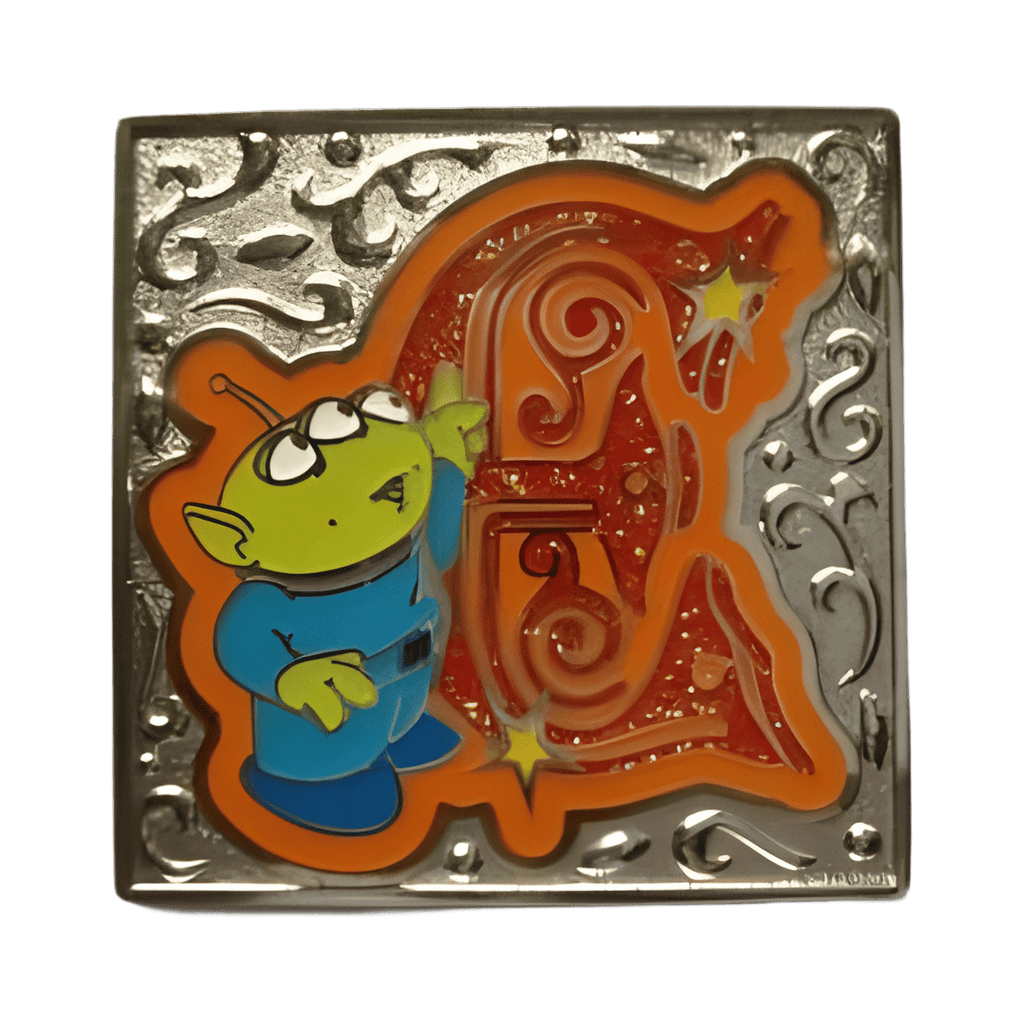 Little Green Man (Red Glitter and Orange Filigree Letter E) Disney pin