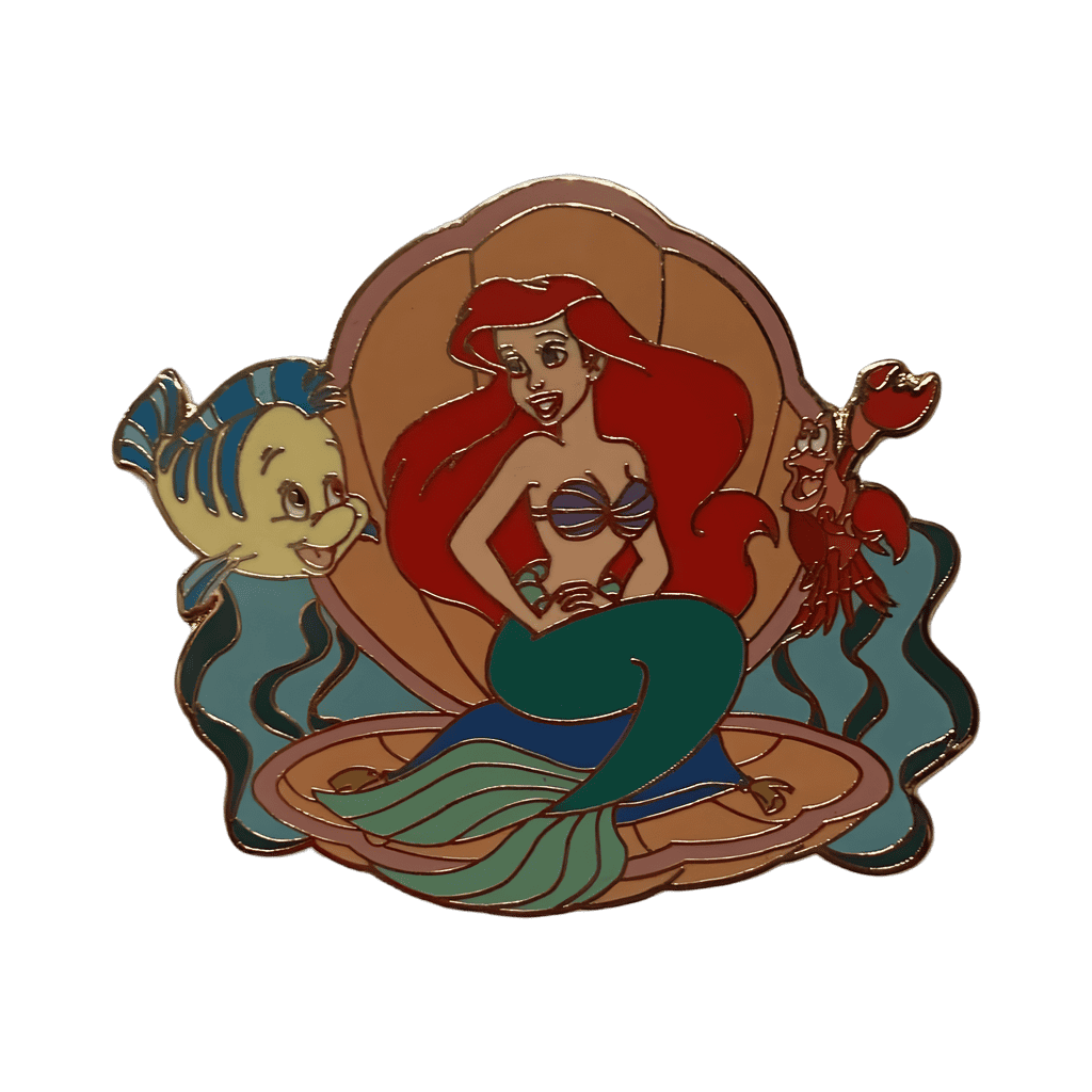 Ariel in peach shell with Sebastian and flounder Disney pin