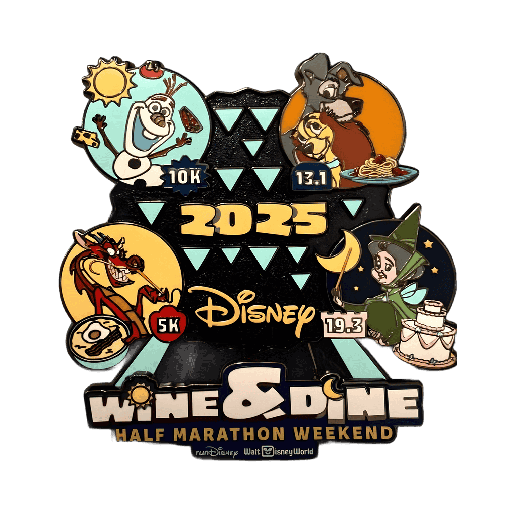 Epcot Sphere with Mushu, Olaf, Lady and the Tramp, and Fauna race mascot Disney pin