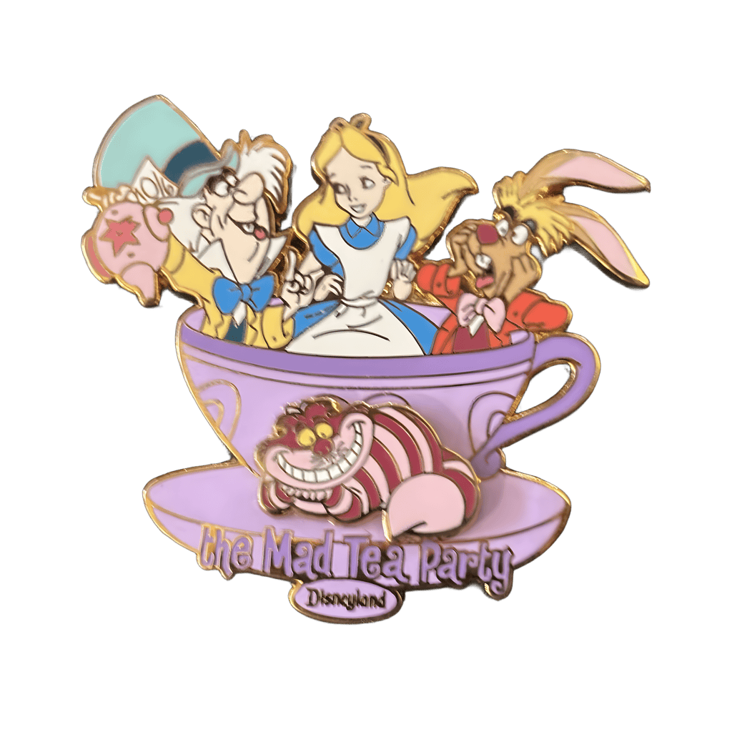 Alice, Hatter, and March Hare in a cup with the Cheshire Cat Disney pin