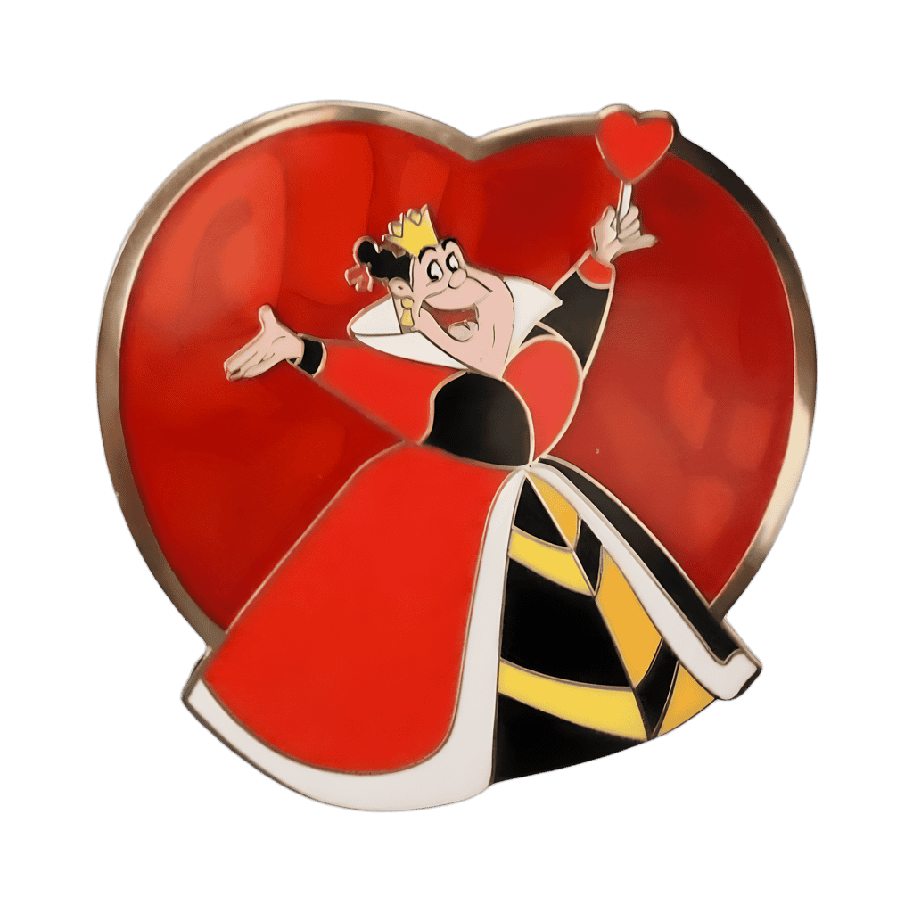 Queen of Hearts in front of Red Heart Disney pin