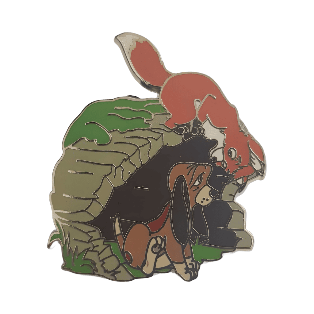 Tod finding Copper in a log Disney pin