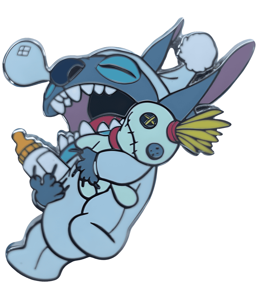 Stitch in pajamas sleeping with Scrump and bottle Disney pin