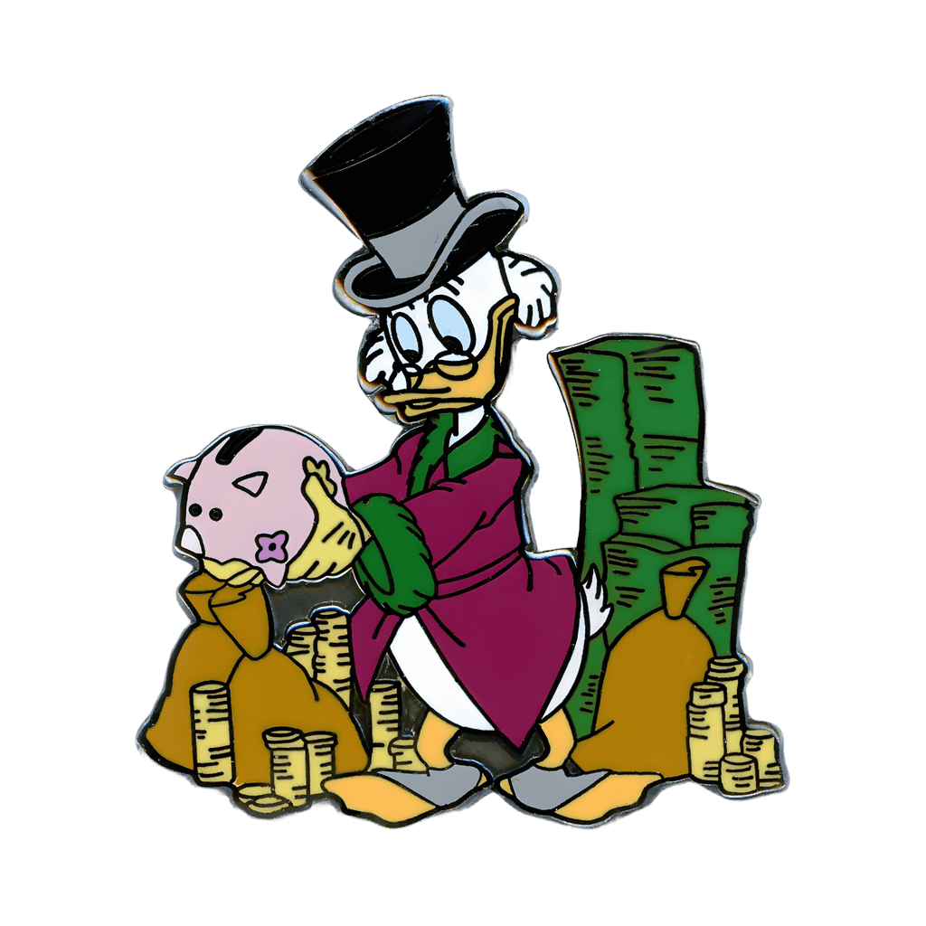 Scrooge McDuck Surrounded by Money and a Piggy Bank Disney pin