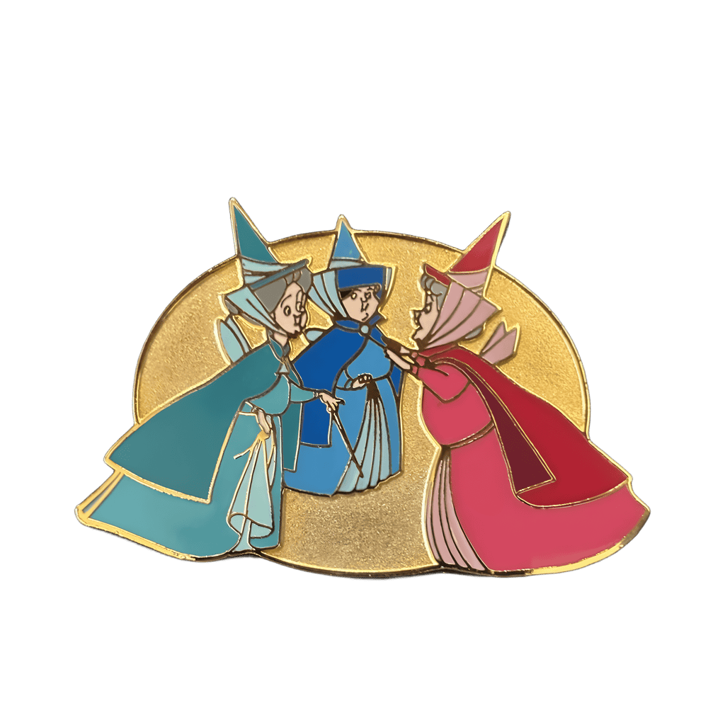 Flora, Fauna, and Merryweather with gold circle Disney pin